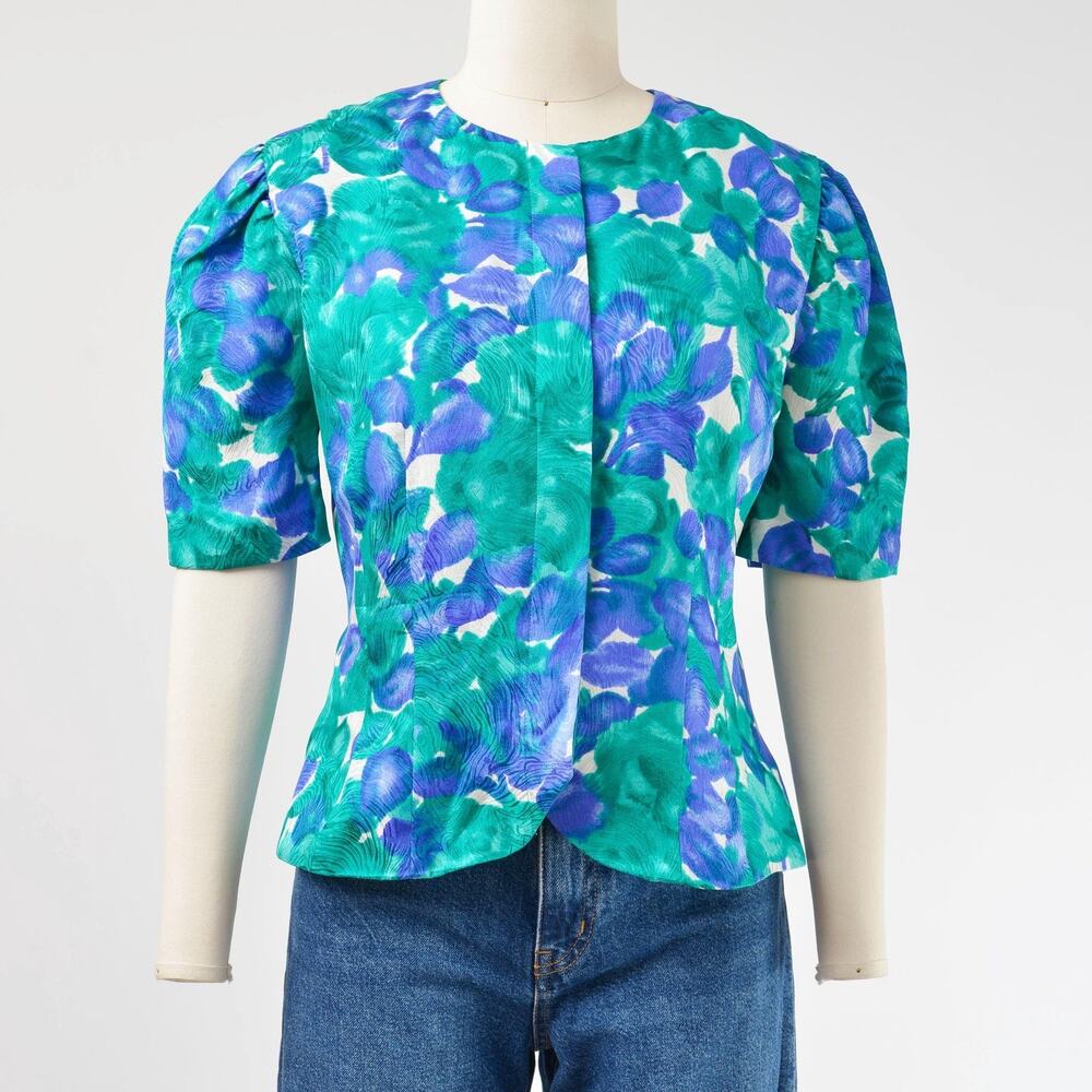 Vintage 80s Silk Floral Blouse Sleeve Button Down Watercolor To Blue Green White